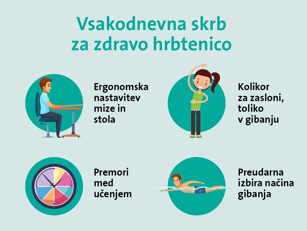 Infografika z naslovom &raquo;Vsakodnevna skrb za zdravo hrbtenico&laquo; prikazuje &scaron;tiri ključne nasvete za ohranjanje zdravja hrbta pri otroku. Na levi zgoraj je ilustracija osebe, ki pravilno sedi za mizo z besedilom &raquo;Ergonomska nastavitev mize in stola&laquo;. Na desni zgoraj je ilustracija raztezanja z napisom &raquo;Kolikor za zasloni, toliko v gibanju&laquo;. Spodaj levo je krožni prikaz, ki ponazarja odmore, z besedilom &raquo;Premori med učenjem&laquo;. Spodaj desno je ilustracija plavanja z napisom &raquo;Preudarna izbira načina gibanja&laquo;. Infografika ima svetlo ozadje in turkizne krožne poudarke okoli ilustracij.