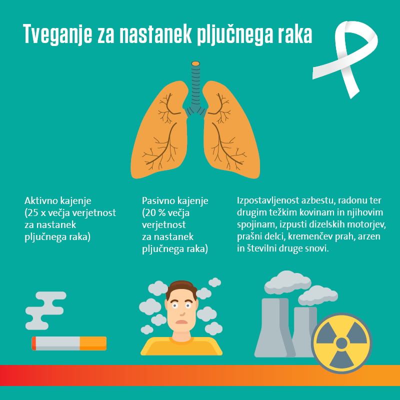 Infografika o tveganju za nastanek pljučnega raka, ki prikazuje pljuča ter glavne dejavnike tveganja: aktivno kajenje, pasivno kajenje in izpostavljenost azbestu, radonu, težkim kovinam, izpustom dizelskih motorjev in drugim &scaron;kodljivim snovem.