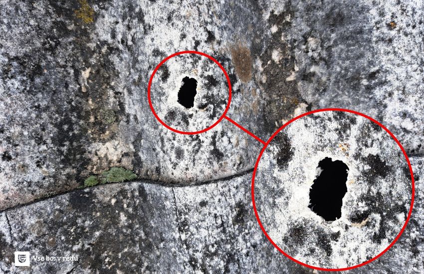 Bližnji posnetek kvadratnih lukenj v strehi, ki naj bi jih povzročila toča.