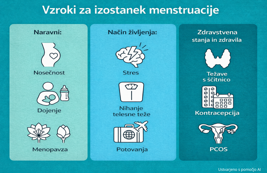 Infografika z naslovom &raquo;Vzroki za izostanek menstruacije&laquo; prikazuje tri sklope vzrokov: naravne (nosečnost, dojenje, menopavza), način življenja (stres, nihanje telesne teže, potovanja) ter zdravstvena stanja in zdravila (težave s &scaron;čitnico, kontracepcija, PCOS).
