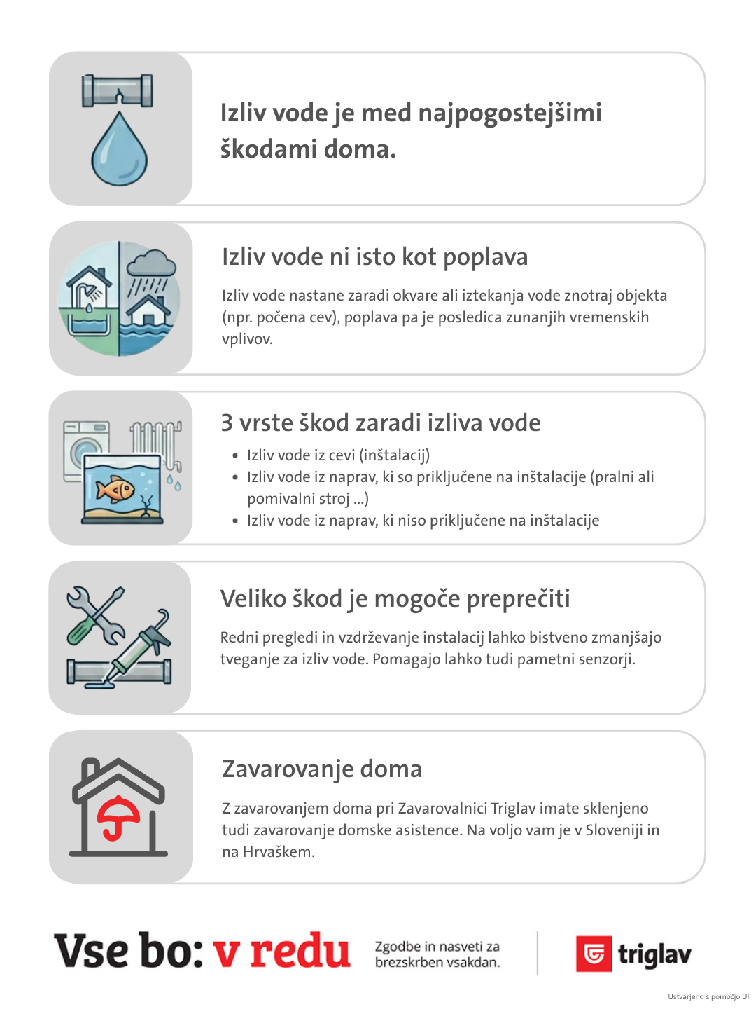 Infografika povzema ključna dejstva o izlivu vode v domu. Prikazuje, da je izliv vode med najpogostej&scaron;imi &scaron;kodami doma, pojasnjuje razliko med izlivom vode in poplavo ter navaja tri vrste &scaron;kod zaradi izliva vode: iz cevnih in&scaron;talacij, iz naprav, priključenih na in&scaron;talacije, ter iz naprav, ki niso priključene na in&scaron;talacije. Infografika poudarja tudi pomen preventive z rednim vzdrževanjem in uporabo pametnih senzorjev ter izpostavlja vlogo zavarovanja doma in domske asistence.