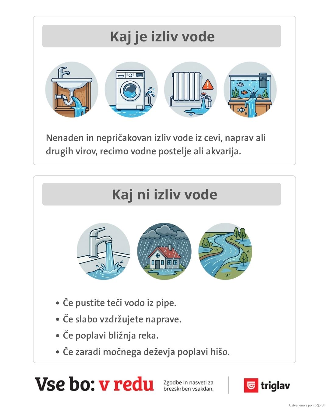 Infografika pojasnjuje, kaj je izliv vode in kaj ni izliv vode. Prikazuje, da izliv vode pomeni nenaden in nepričakovan iztek vode iz cevi, naprav ali drugih virov v objektu, na primer iz pralnega stroja, radiatorja ali akvarija. Spodnji del infografike prikazuje primere, ki niso izliv vode, kot so namerno pu&scaron;čena voda iz pipe, slabo vzdrževane naprave ter poplave zaradi močnega deževja ali razlitja reke.